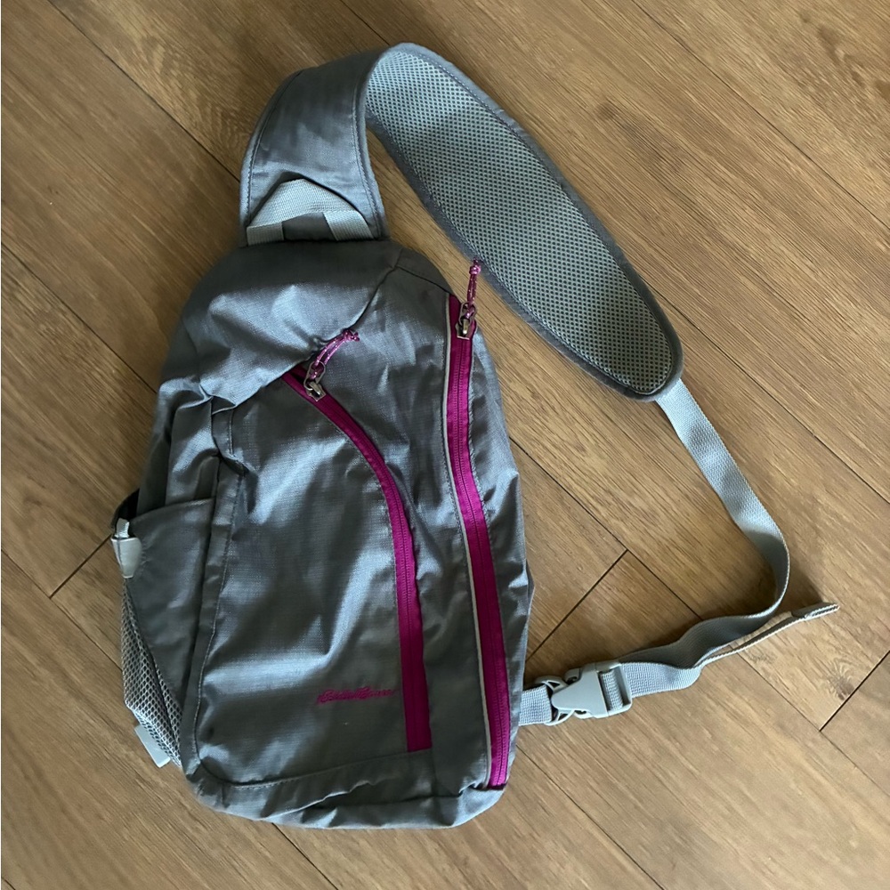 Eddie Bauer Gray Sling Backpack with Purple Accents